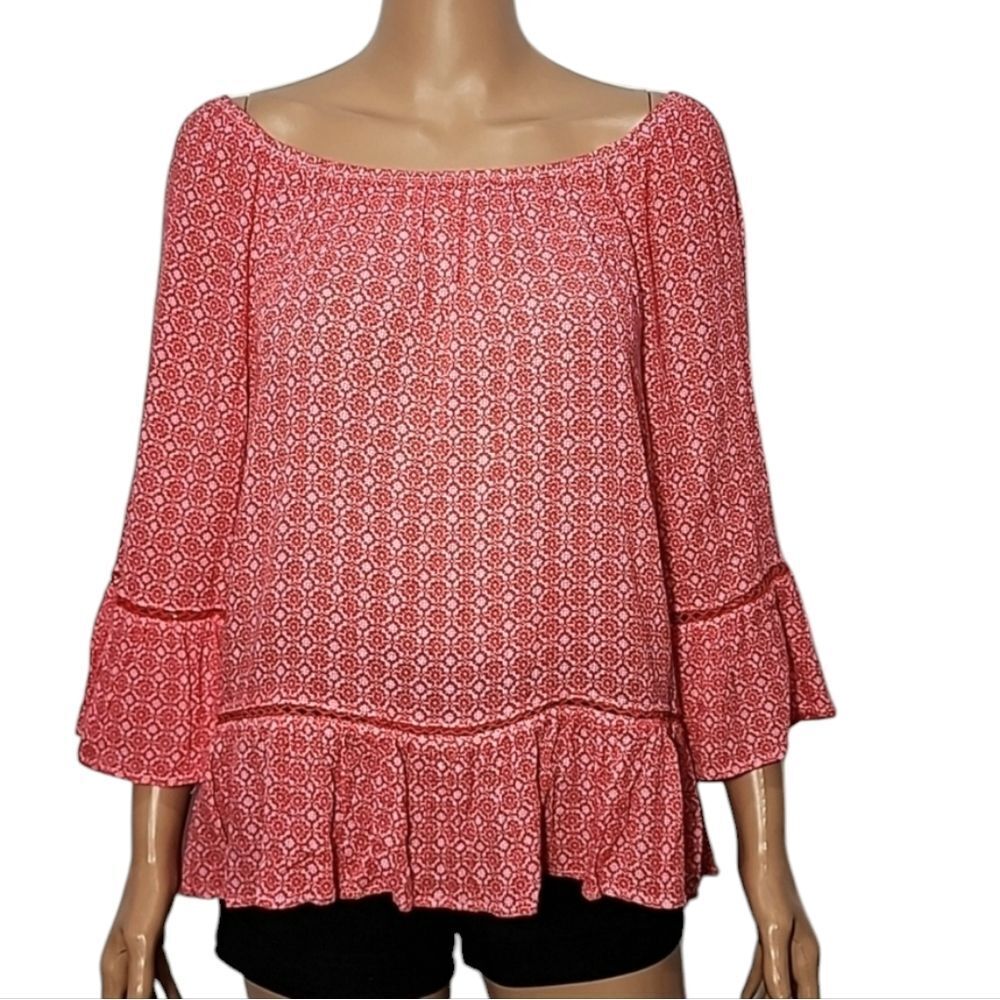 Democracy Women's Top Size L Large off shoulder colorful and flowy sleeves boho